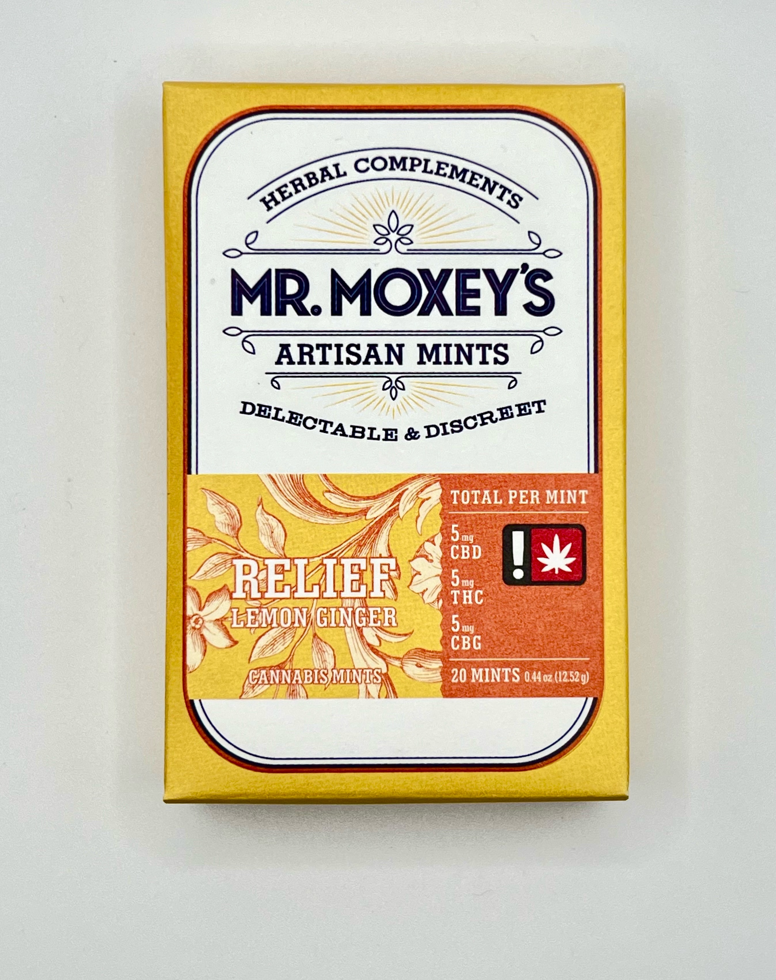 Photograph of product: Mr.Moxey's |  Lemon Ginger 1:1:1 | Relief | CBD:TH-oui:CBG | 100mg Edible Mints 20pk
