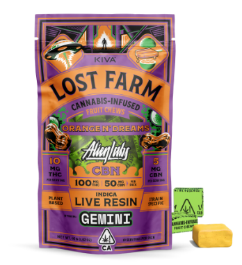 Photograph of product: KIVA Lost Farm Orange N Dreams Gemini CBN Chews (10pk) 100mg