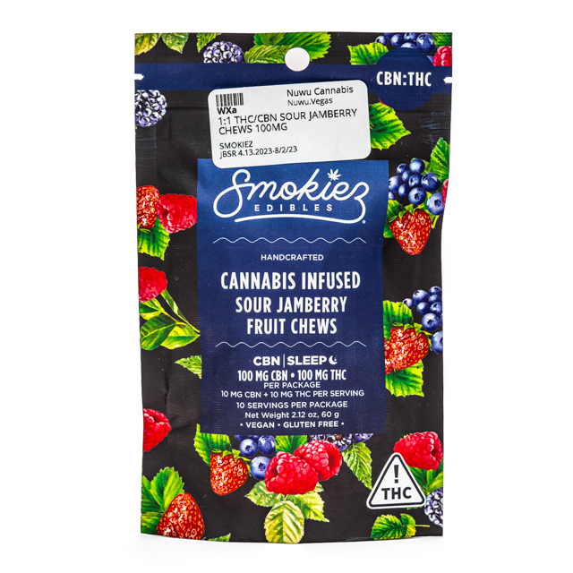 Photograph of product: 1:1 Thc/Cbn Sour Jamberry Chews 100mg {524}