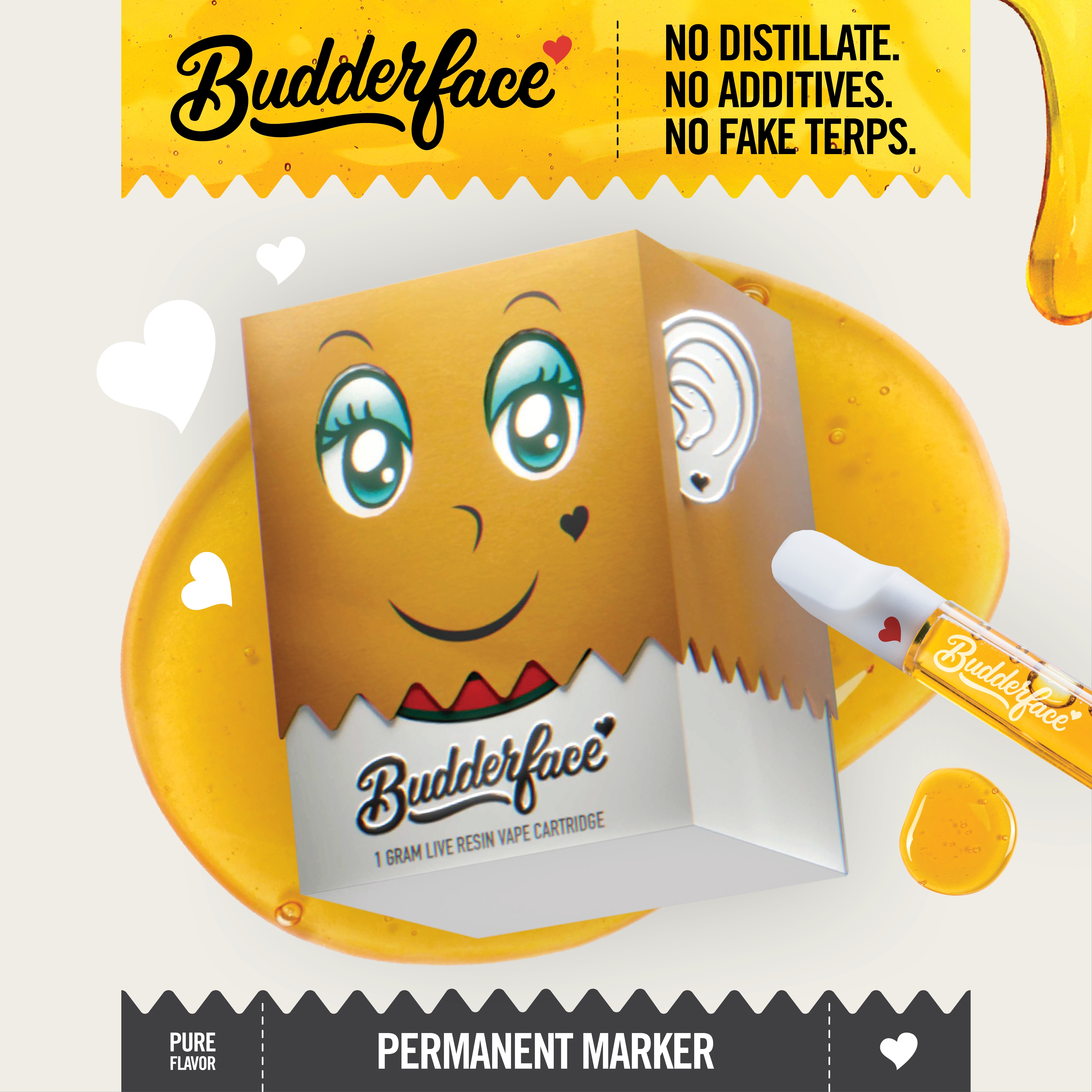 Photograph of product: BUDDERFACE | Permanent Marker | 1G | Artisanal Live Resin 510 Vape Cart
