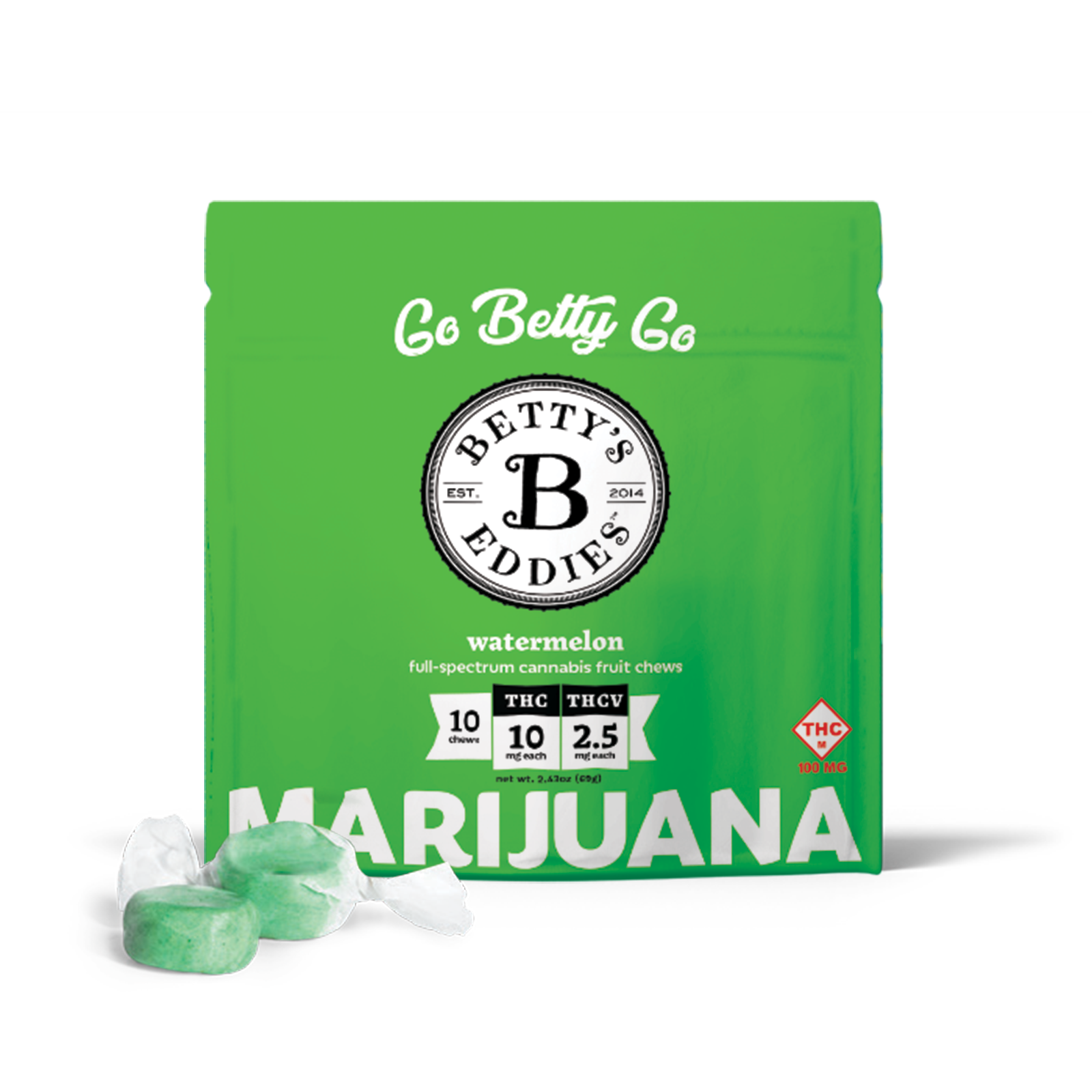 Photograph of Product: Watermelon | 4:1 | THC:THCV | 100mg | Fruit Chews | Betty's Eddies