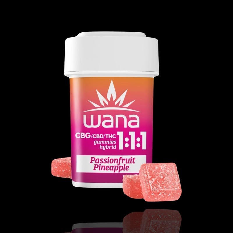 Photograph of product: Passionfruit Pineapple 1:1:1  CBD-CBG-TH-oui | 20pck  100mg |  Wana