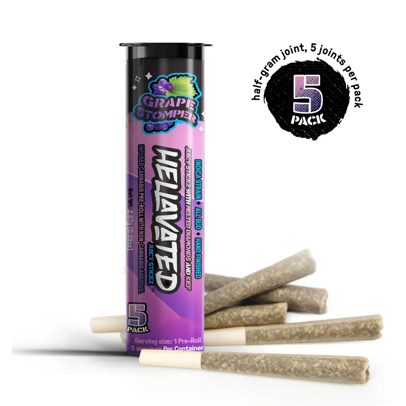 Photograph of product: Hellavated > Infused Pre Roll 5Pk x 0.5g > Grape Stomper