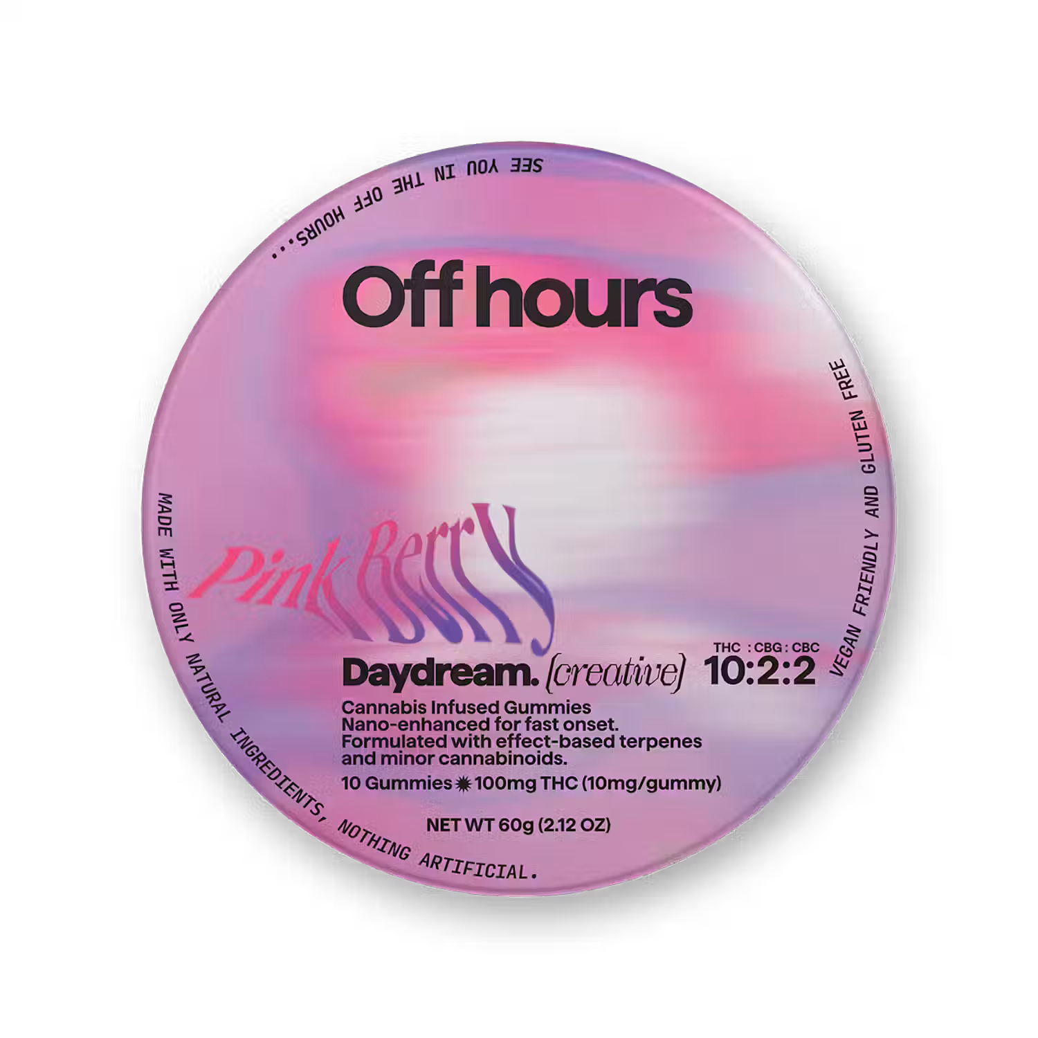 Photograph of product: Off Hours | Daydream | Pink Berry | 10:2:2 TH-oui / CBG / CBC Gummies | 10pk