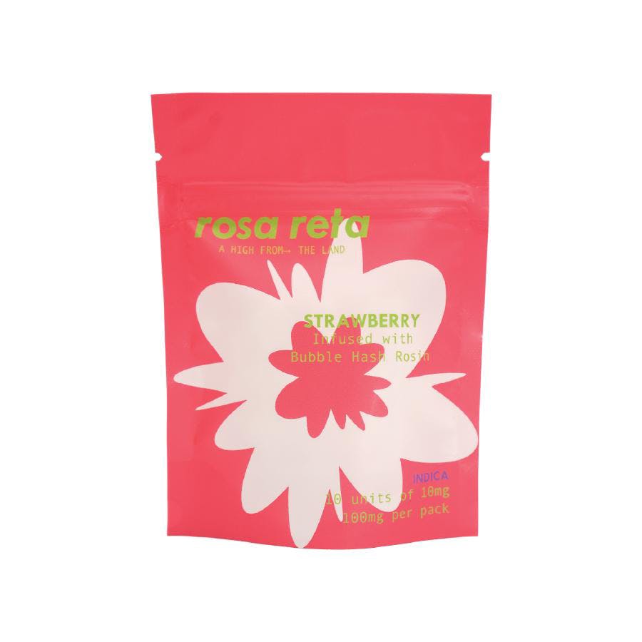 Photograph of product: Rosa Reta | Gummies | Sour Strawberry | Bubble au chocolat Infused | 10pk | 100mg
