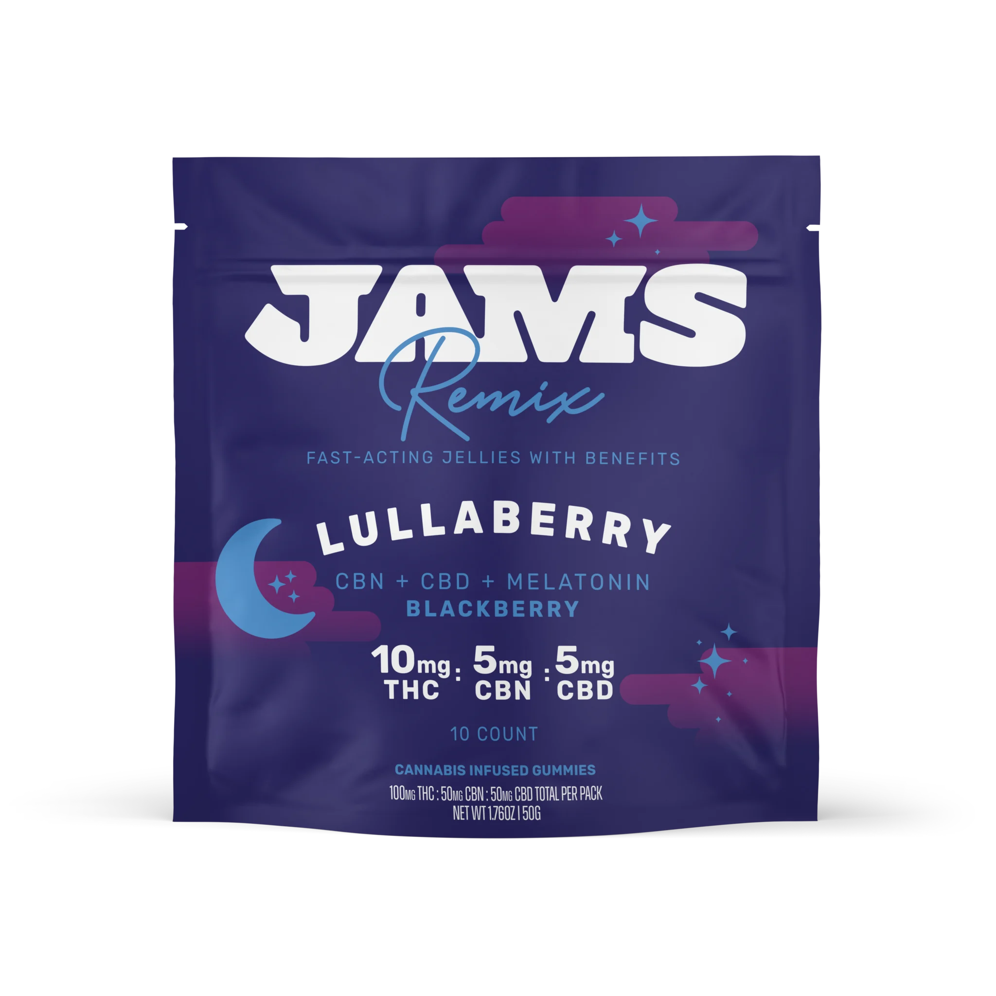 Photograph of product: Jams REMIX "Lullaberry" Blackberry Fast-Acting Jellies 10pk (Melatonin, 10mg TH-oui, 5mg CBN, 5mg CBD each)