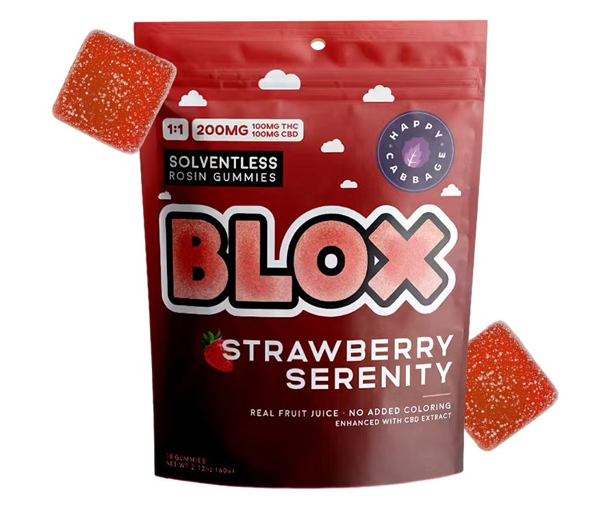 Photograph of product: BLOX / 200mg Solventless Rosin Gummies / 1.1 CBD/TH-oui / Strawberry Serenity