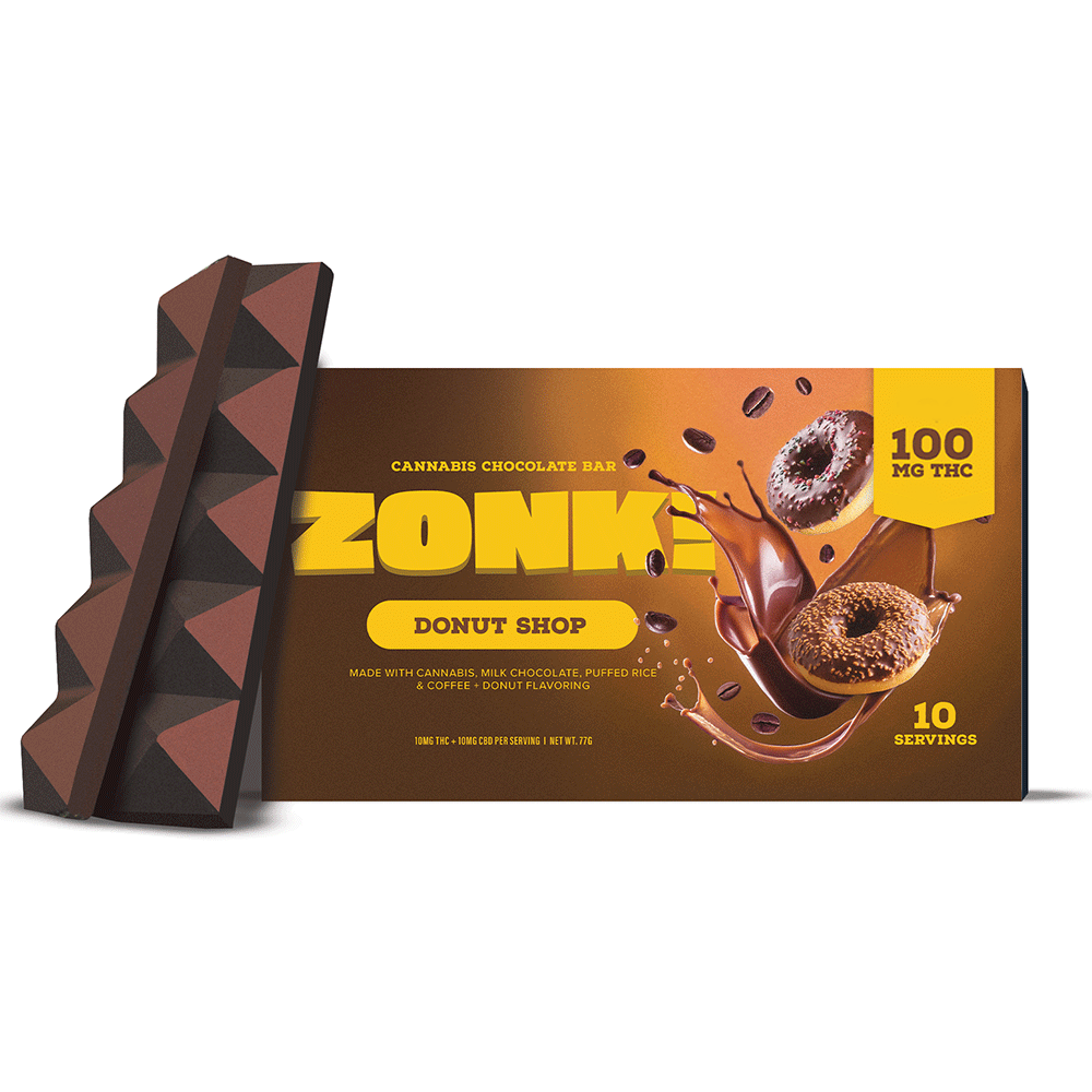 Photograph of product: ZONK! | Donut Shop | 100mg Oui'd Chocolate Bar | 10mg TH-oui per piece | 10-pk