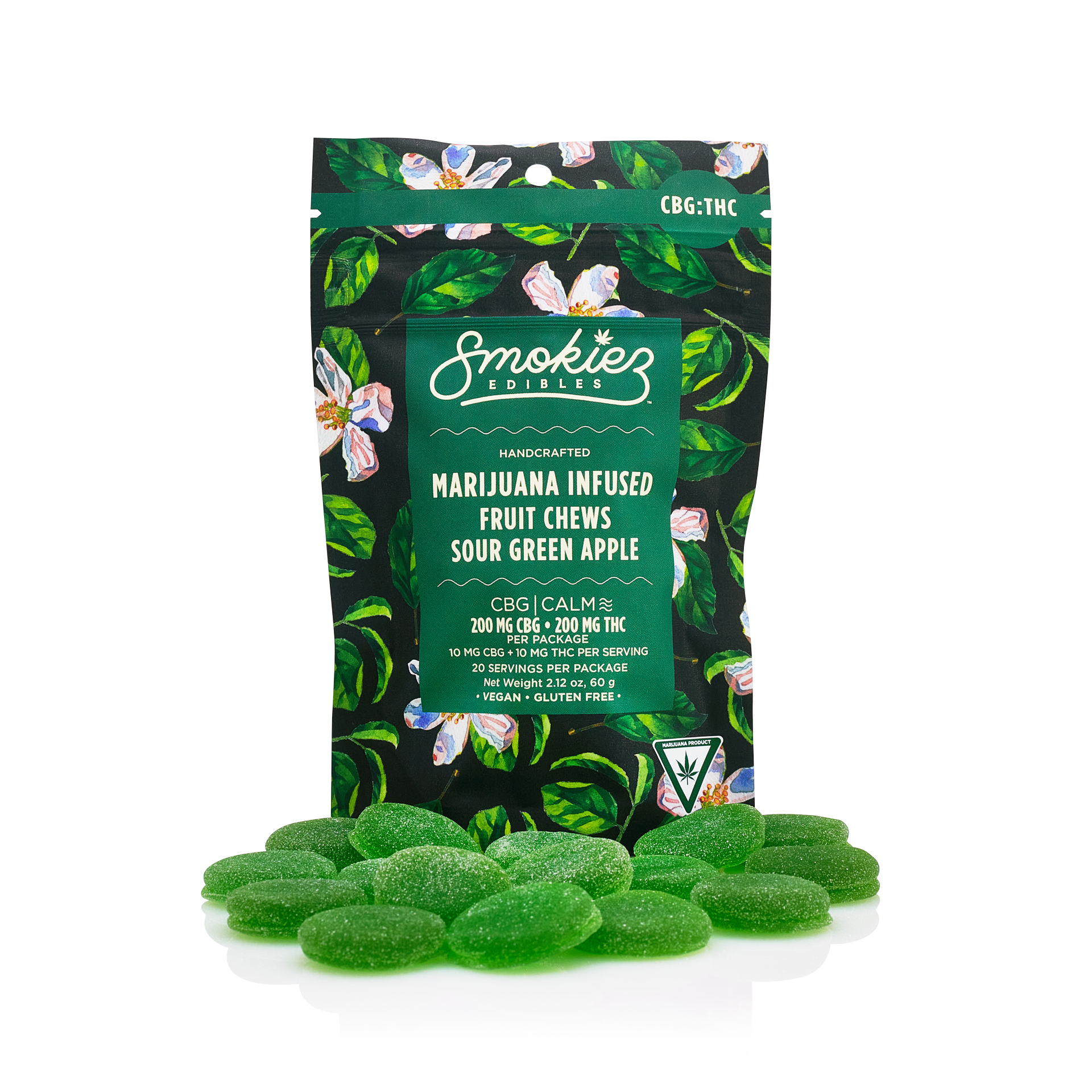 Photograph of product: 200mg 1:1 CBG/TH-oui | CALM | Sour Green Apple Fruit Chew | Smokiez Edibles | Vegan Edibles