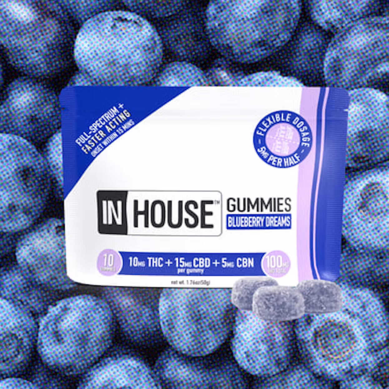 Photograph of product: In House | 100mg 10pk (5mg TH-oui + 7.5g CBD + 2.5mg CBN)  | Blueberry Dreams