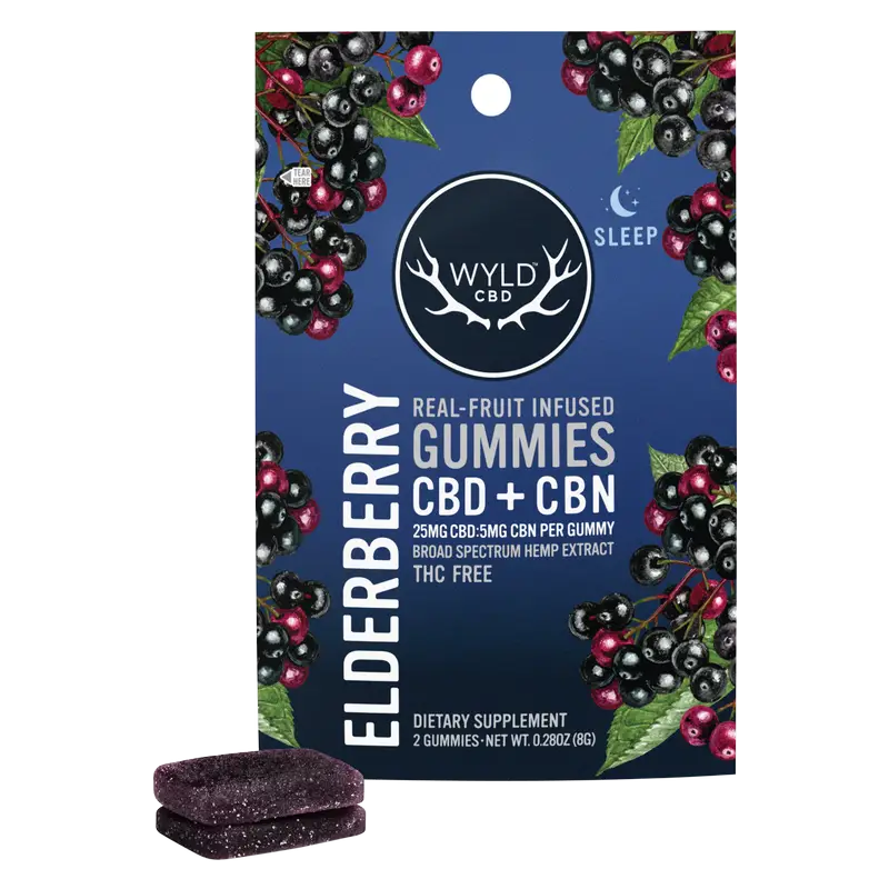 Photograph of product: Wyld CBD | Elderberry CBD:CBN Gummies | 50mgCBD/10mg CBN THC-Free | Sleep | 2ct (25mg CBD per)
