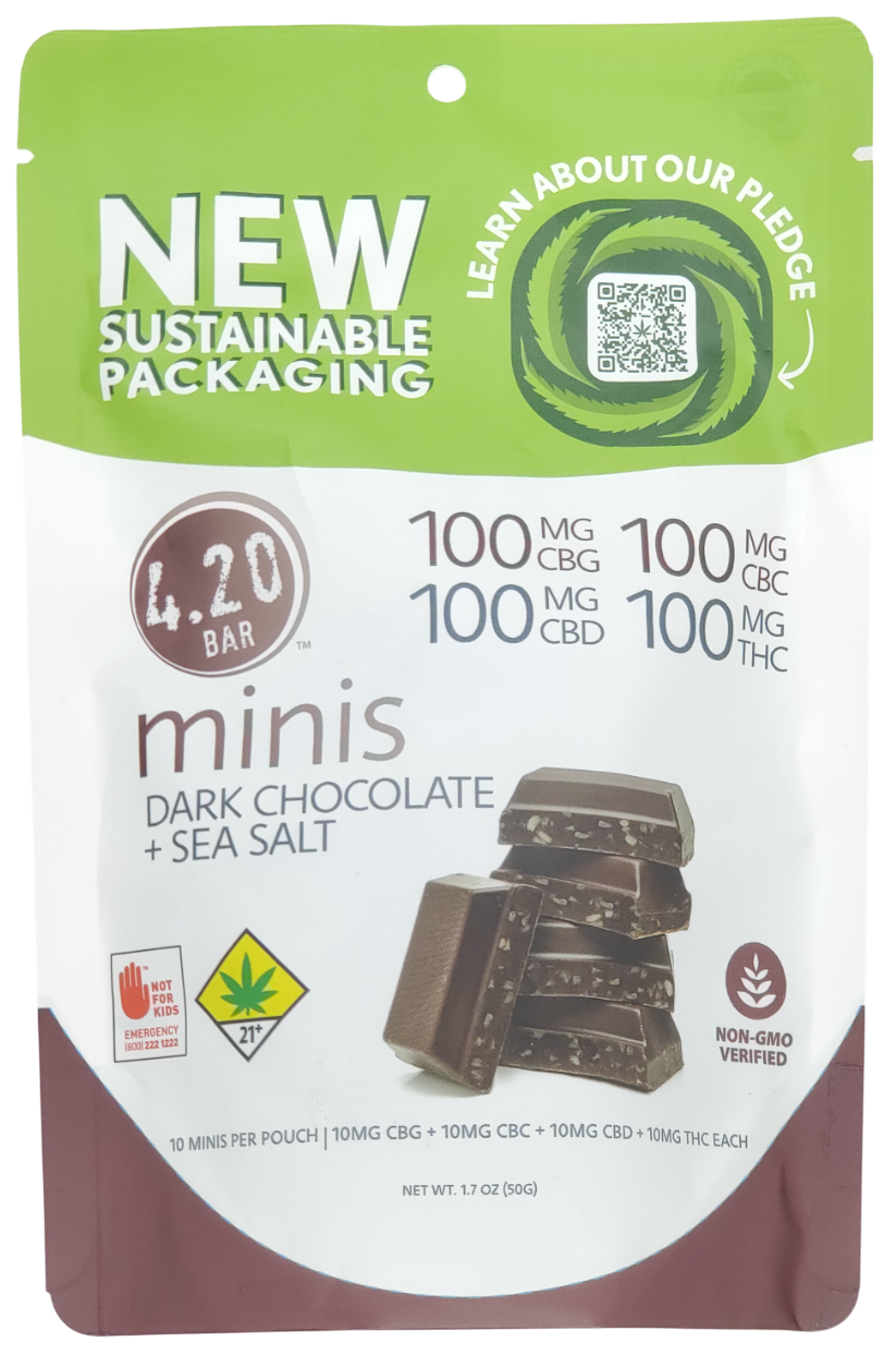 Photograph of product: 4.20 Mini Dark Chocolate Sea Salt 1:1:1:1 (TH-oui:CBD:CBG:CBC) 10pk