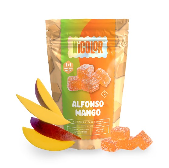 Photograph of product: HiColor. | 1:1 Alfonso Mango | 10mg x 10ct Chews