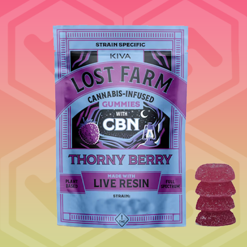Photograph of product: Lost Farm | Thorny Berry | Tahoe OG Live Resin + CBN | 2:1 | 100mg TH-oui:50mg CBN | 10 Pack