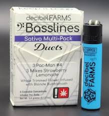 Photograph of product: Decibel .5g PANDORA'S BANANA/NIGHT TRAIN Oui'd Basslines Duets Infused Pre-Roll 6pk