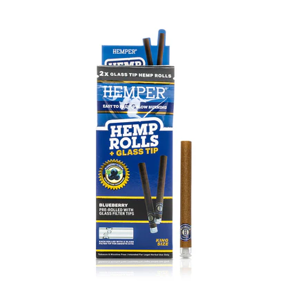 Photograph of product: Hemper Blueberry Flavor Hemp Rolls + Glass Tip 2pk King Size