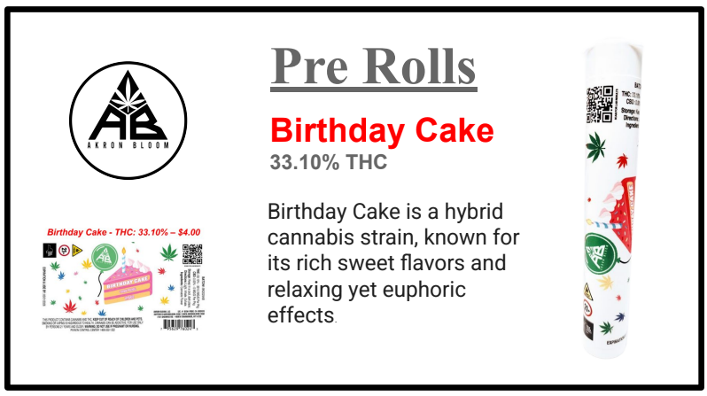 Photograph of product: Akron Bloom - Pre-Roll - Birthday Cake (H)