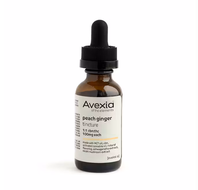 Photograph of product: Avexia Tincture 100mg- Peach Ginger 1:1 (CBN:TH-oui)
