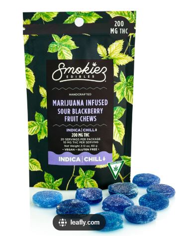 Photograph of product: Smokiez - 200MG Chews - SOUR Blackberry
