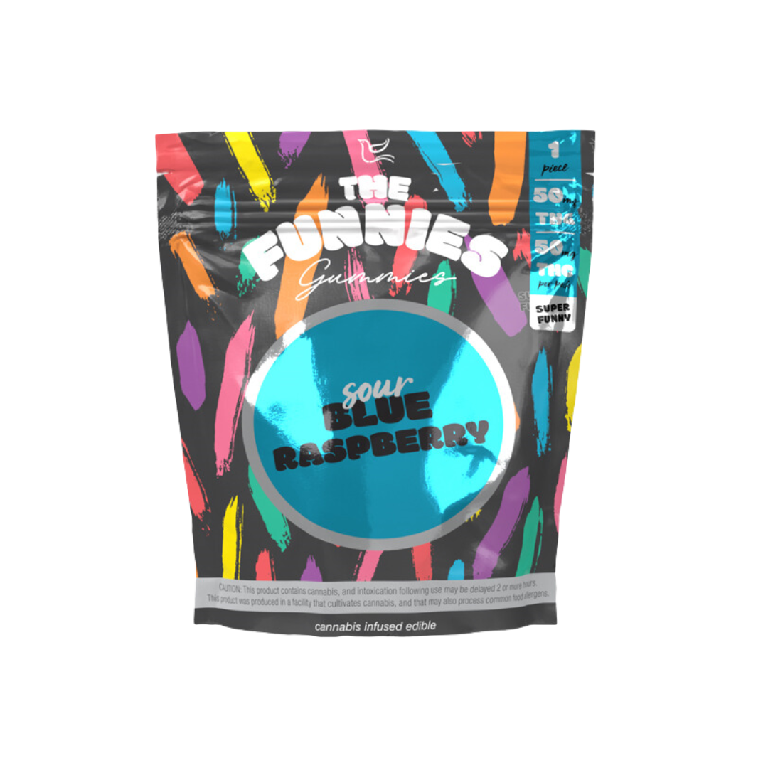 Photograph of product: Super Funny Sour Blue Raspberry | 50mg | 2pk Gummies | The Funnies Gummies