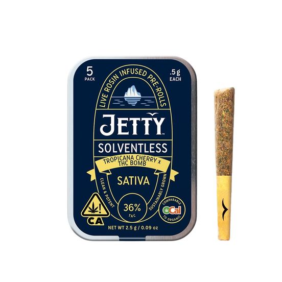 Photograph of product: Jetty Solventless Infused Pre-roll 5pk Tropicana Cherry x TH-oui Bomb 2.5g - 