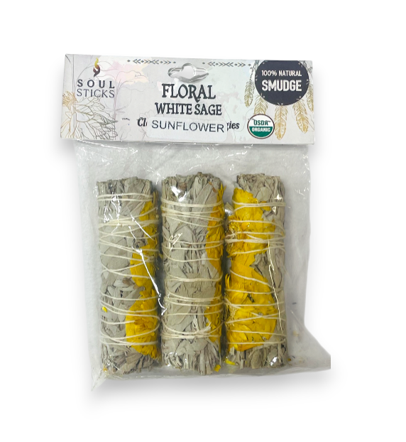 Photograph of product: 4" Floral White Organic Sage Smudge - Sunflower