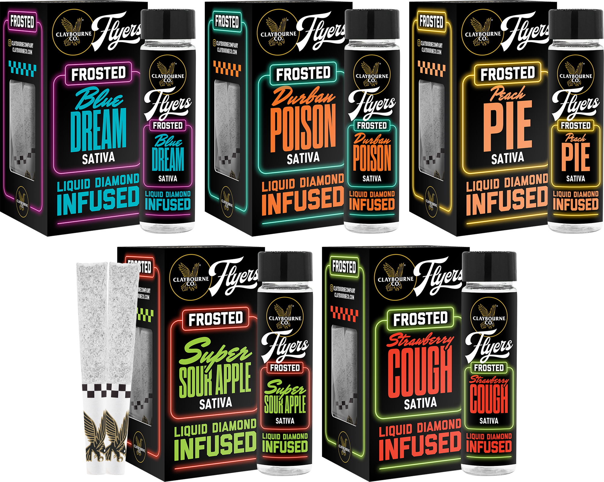 Photograph of product: CLAYBOURNE CO. - FLYERS FROSTED - INFUSED PREROLL - 5PK - Oui'd - BLACK TRIANGLE OG