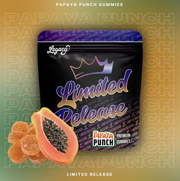 Photograph of product: Legacy 100mg Gummies - Papaya Punch 10 x 10mg