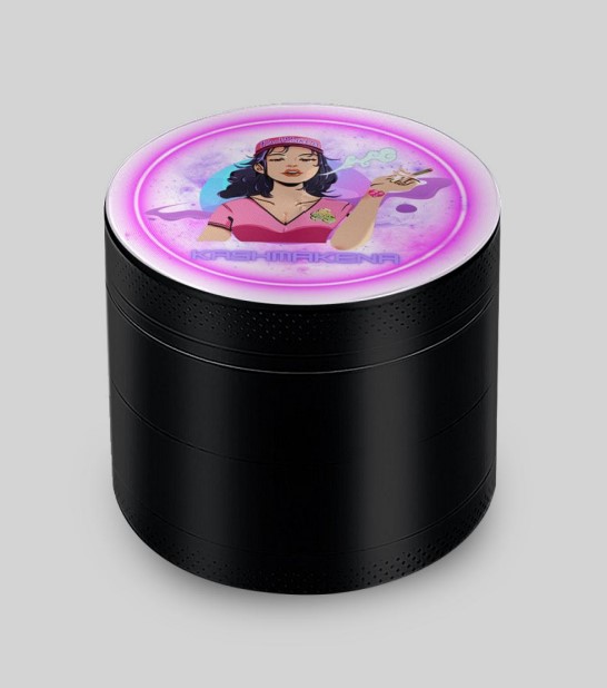 Photograph of product: KashMakena - 55mm Zinc 4-Piece Grinder - Black (Assorted Designs)