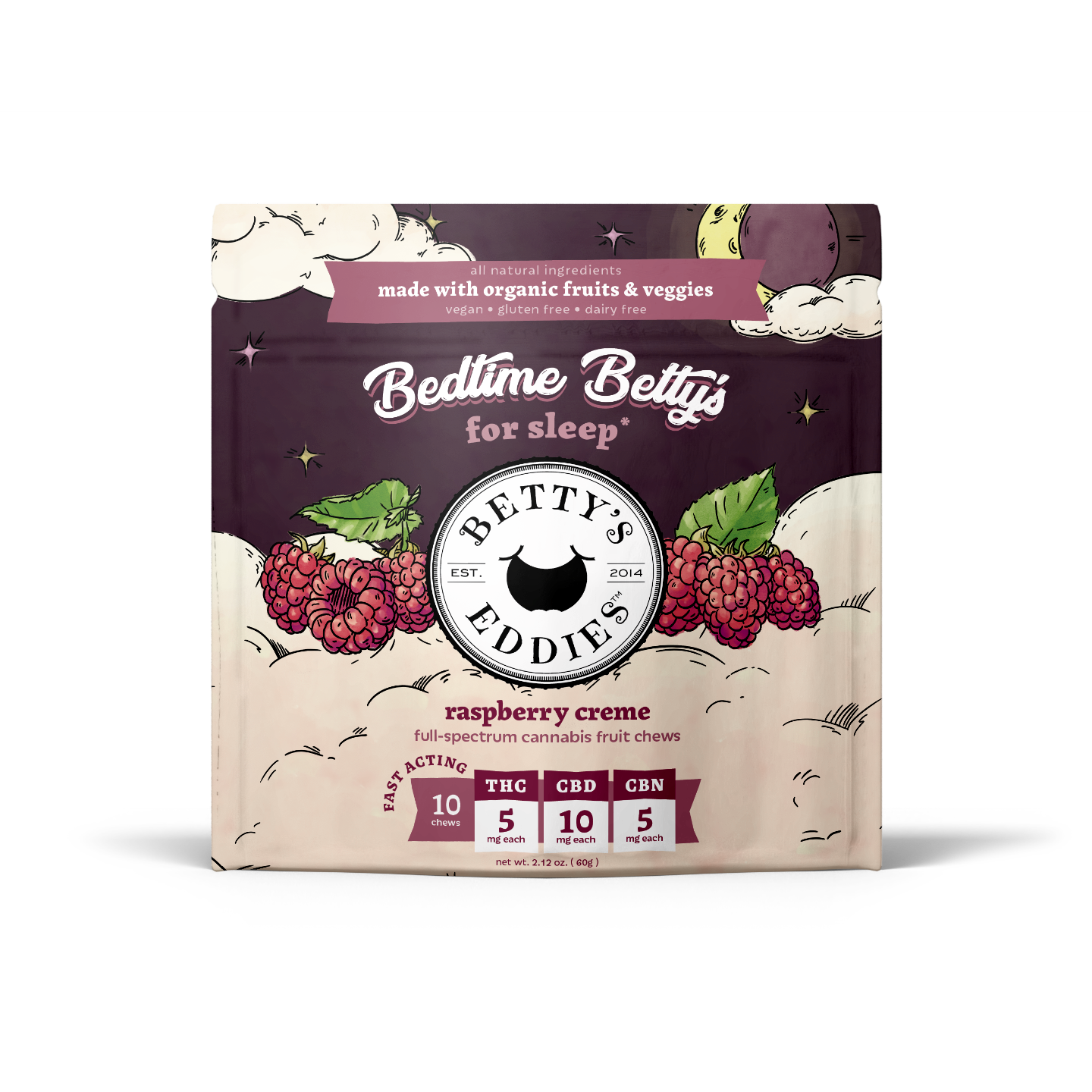 Photograph of product: Bedtime Betty's - Raspberry Creme - 1:2:1 TH-oui:CBD:CBN - 50mg TH-oui - 10 pack