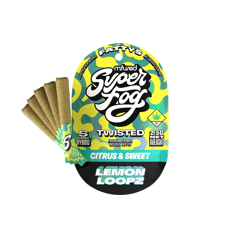 Photograph of product: MFUSED - TWISTED FATTYS - PREROLL INFUSED - 0.5G - 5PK - LEMON LOOPZ - Oui'd HYBRID
