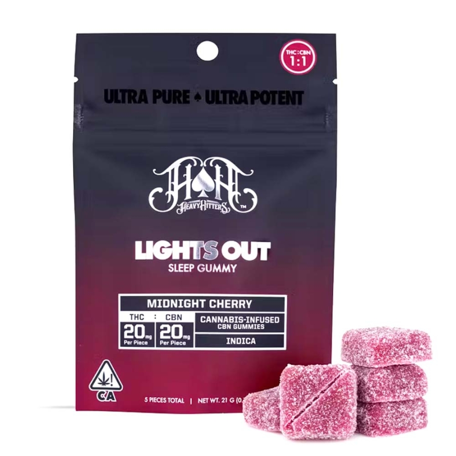 Photograph of product: 1:1 TH-oui:CBN LIGHTS OUT MIDNIGHT CHERRY 200MG 5 PACK GUMMIES