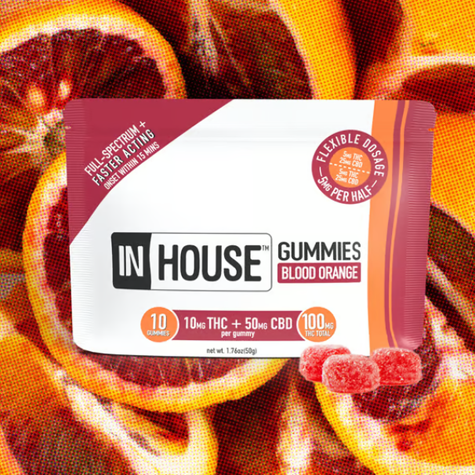 Photograph of product: In House | Blood Orange 5:1 (CBD,TH-oui) Fast Acting Gummies 10Pk - Hybrid