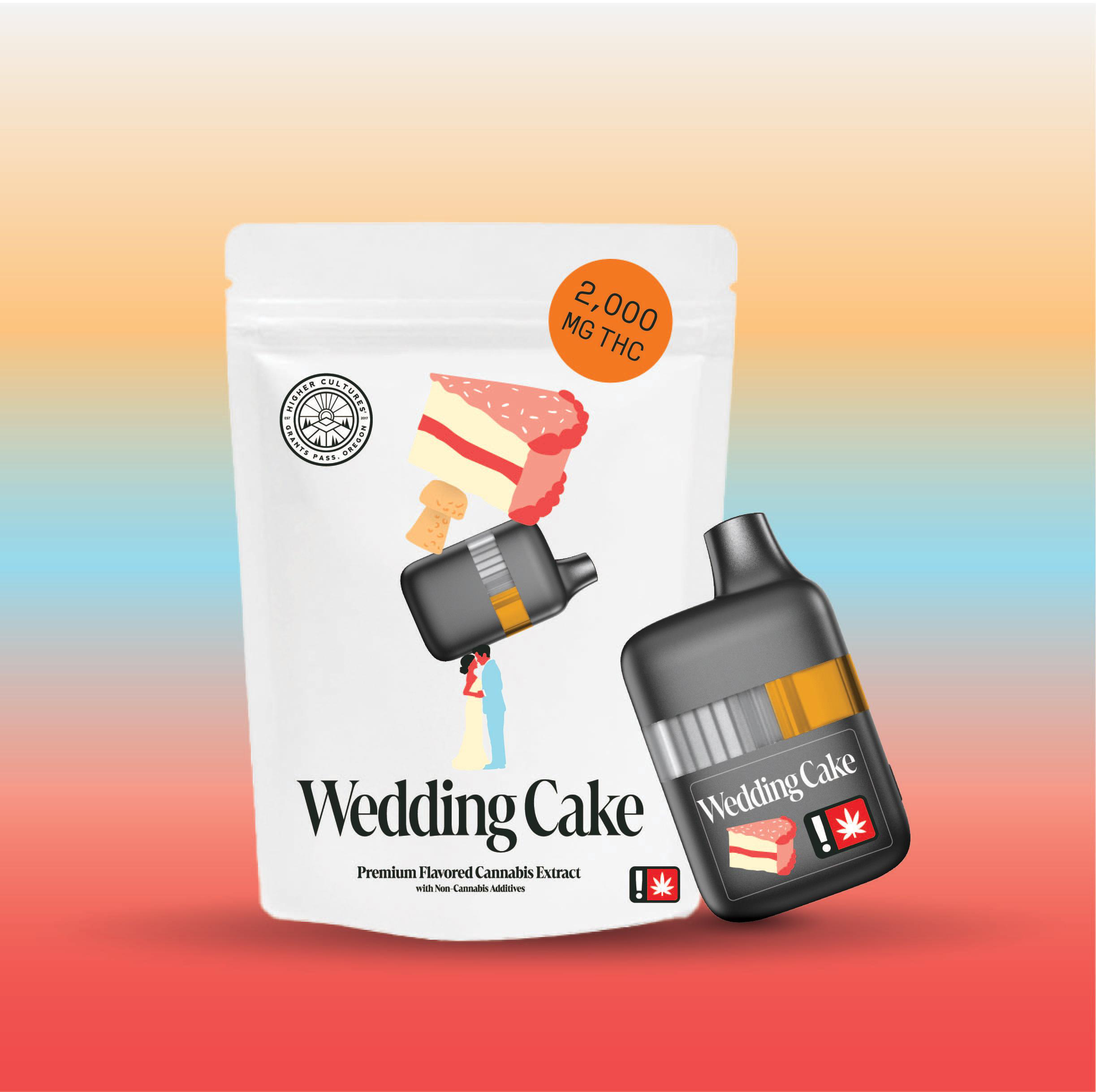 Photograph of product: Cartridge ~ Higher Cultures ~ 2g+ All-in-One ~ Flavored Distillate ~ Hybrid ~ Wedding Cake ~ Green Leaf Special