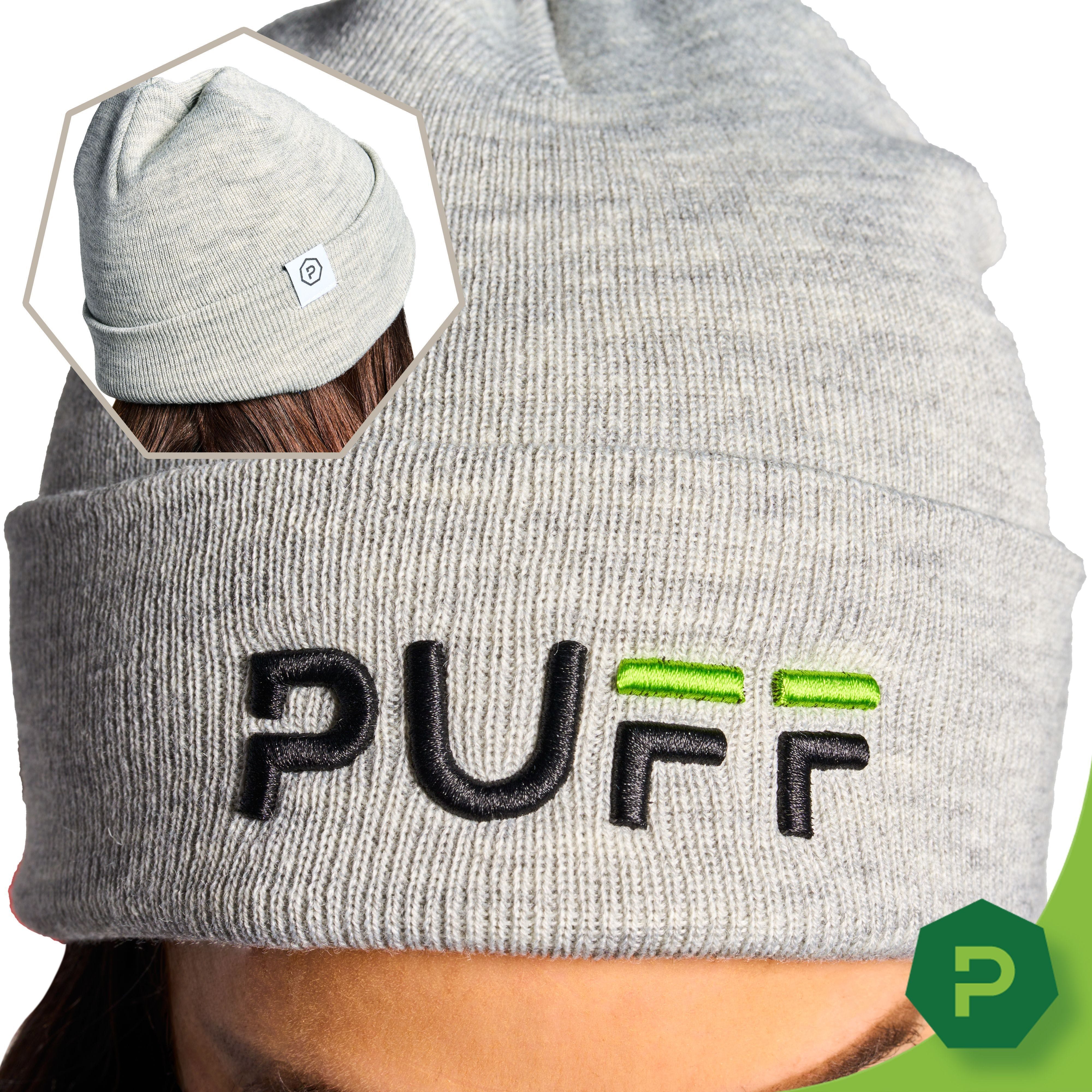 Photograph of product: Puff | Embroidered Beanie | Grey