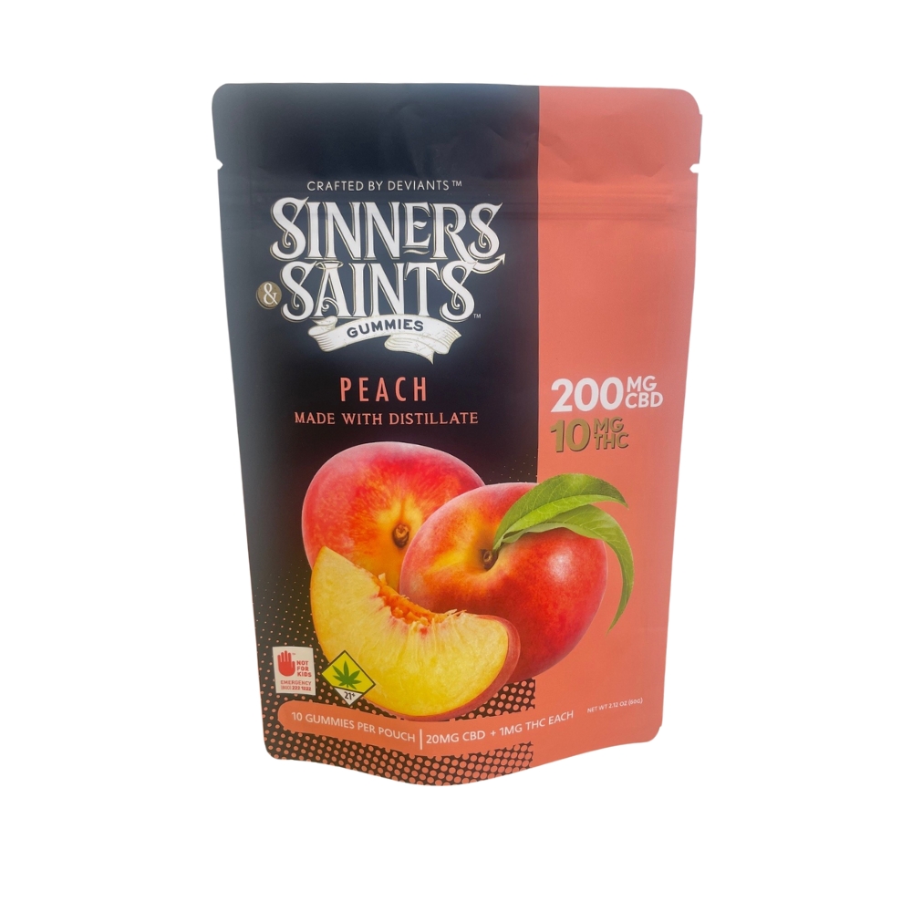 Photograph of product: Sinners & Saints | Peach Gummies | DOH | 10pk | 20:1 CBD : TH-oui
