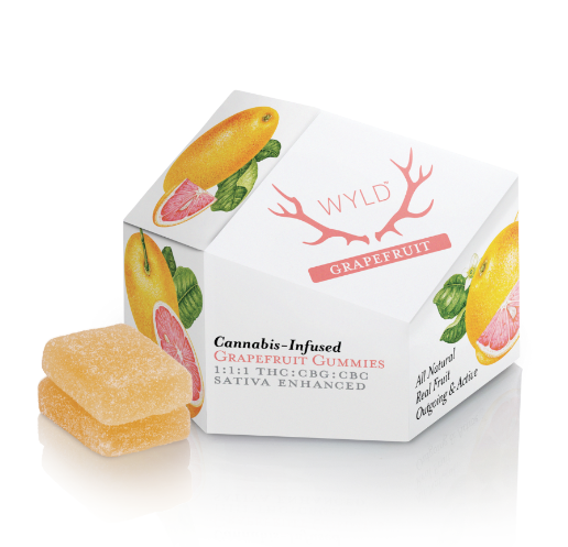 Photograph of product: WYLD GUMMIES GRAPEFRUIT 1:1:1 TH-oui:CBC: CBG 10MG TH-oui 10MG CBD EACH (100MG) TH-oui PER PACK