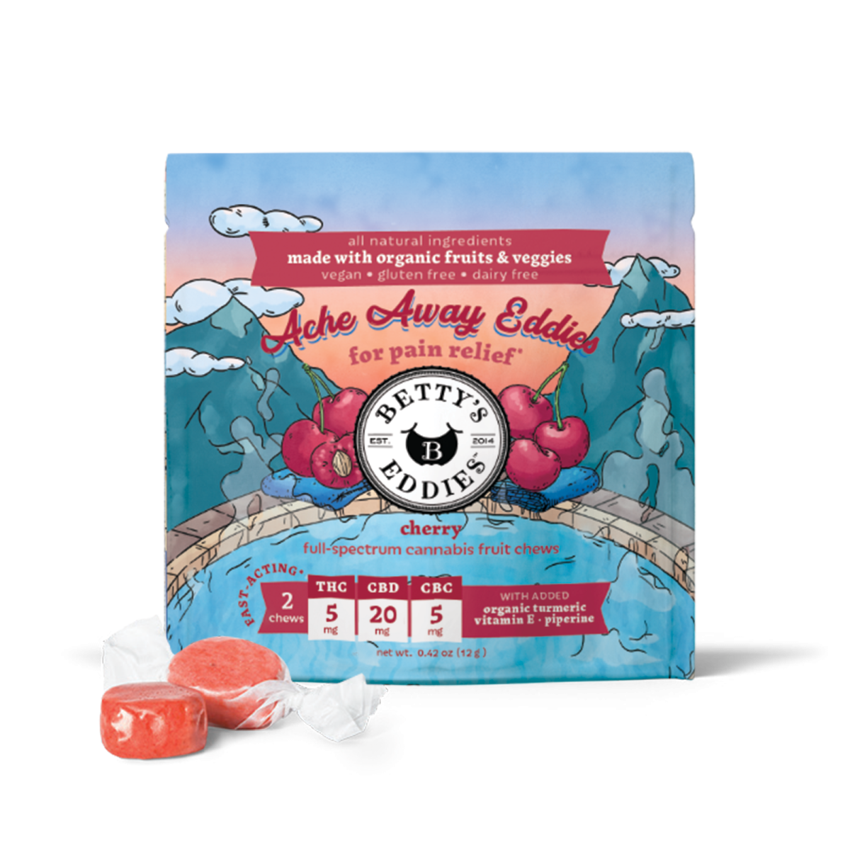 Photograph of product: Chews - Ache Away Cherry 1:2:1 - 50mg TH-oui : 100mg CBD : 50mg CBC - 10 Servings, 5mg TH-oui : 10mg CBD : 5mg CBC