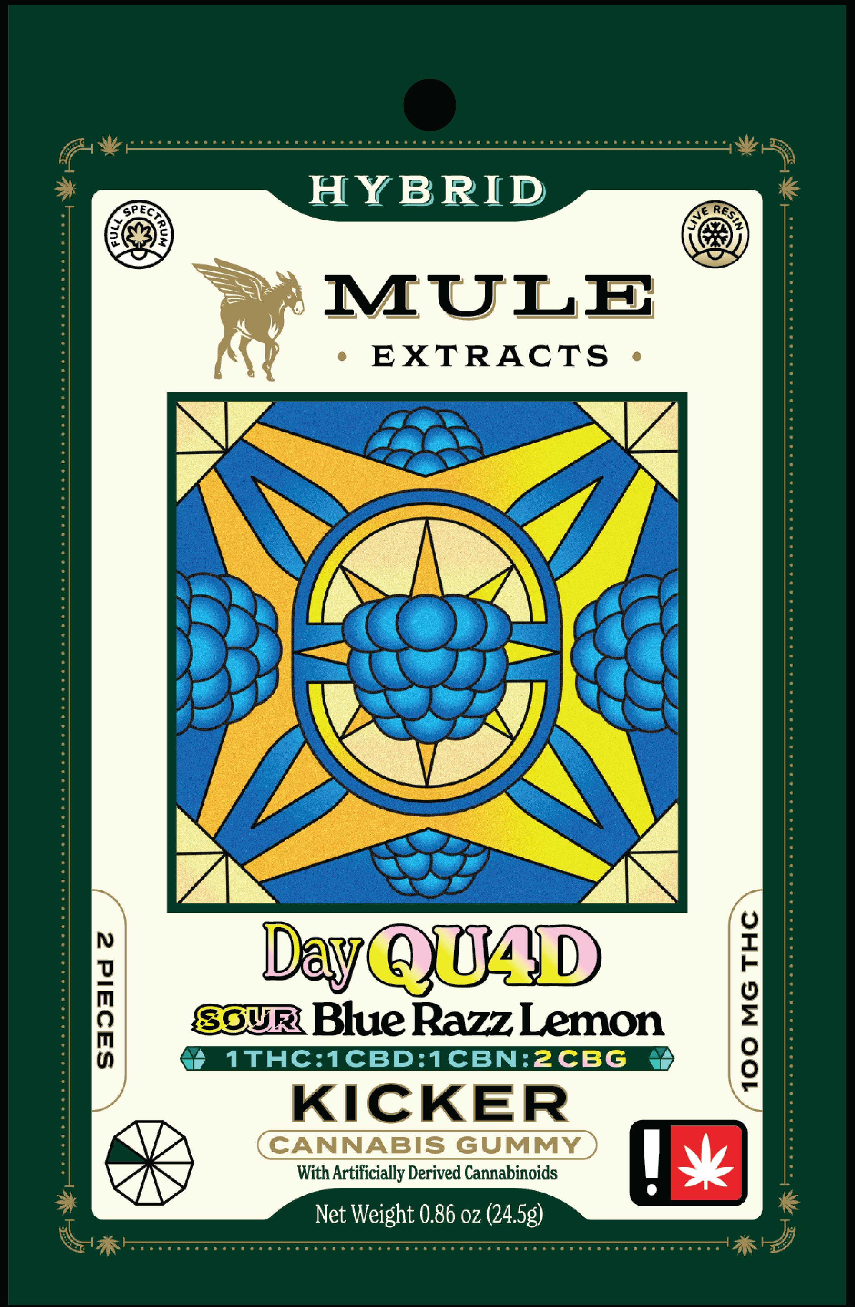 Photograph of product: Day Quad Sour Blue Razz 1 TH-oui:1 CBD: 1 CBN: 2 CBG