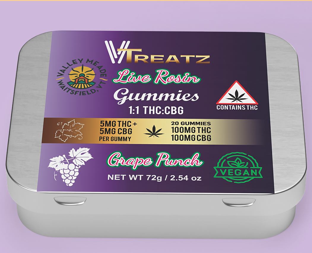 Photograph of product: Grape Punch 100mg 1:1 TH-oui:CBG Live Rosin Gummies