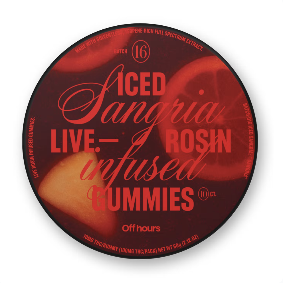 Photograph of product: Off Hours | Iced Sangria | Live Rosin Infused Gummies | 100mg
