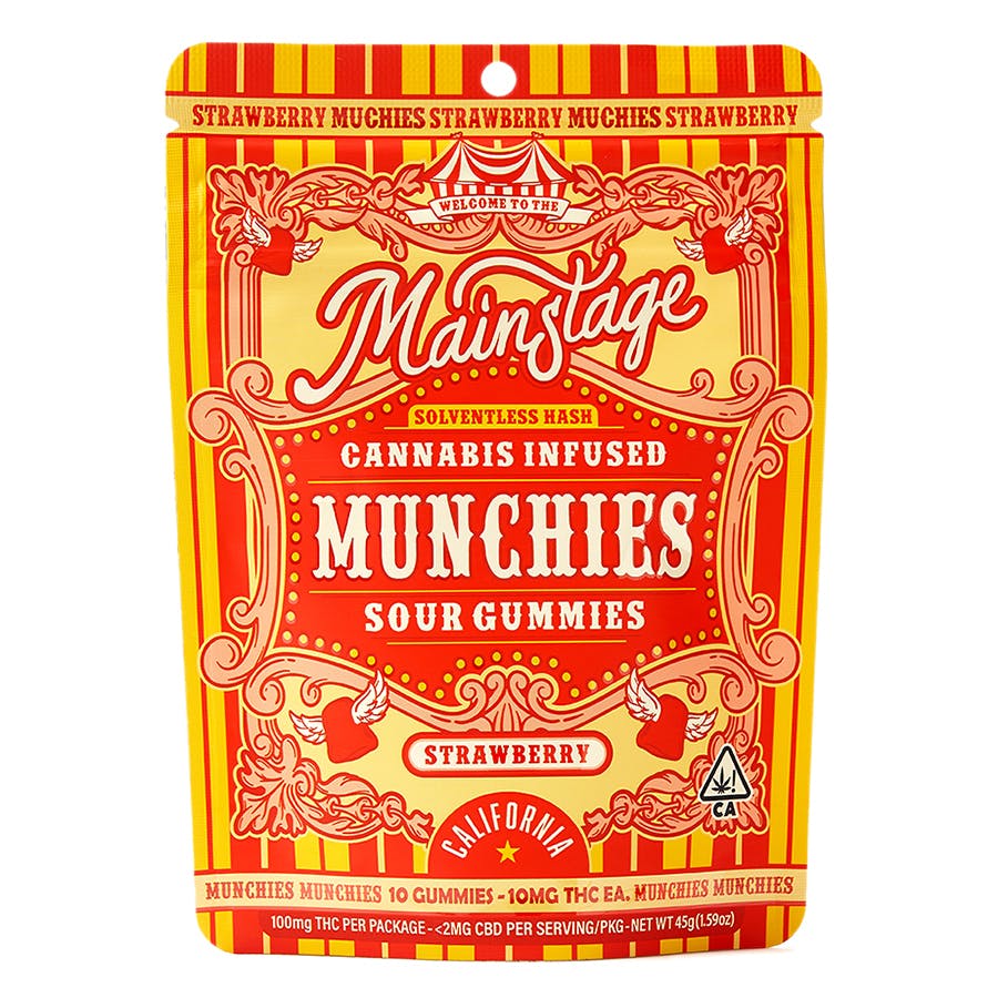 Photograph of product: MAINSTAGE MUNCHIES - SOUR STRAWBERRY 100MG SOLVENTLESS