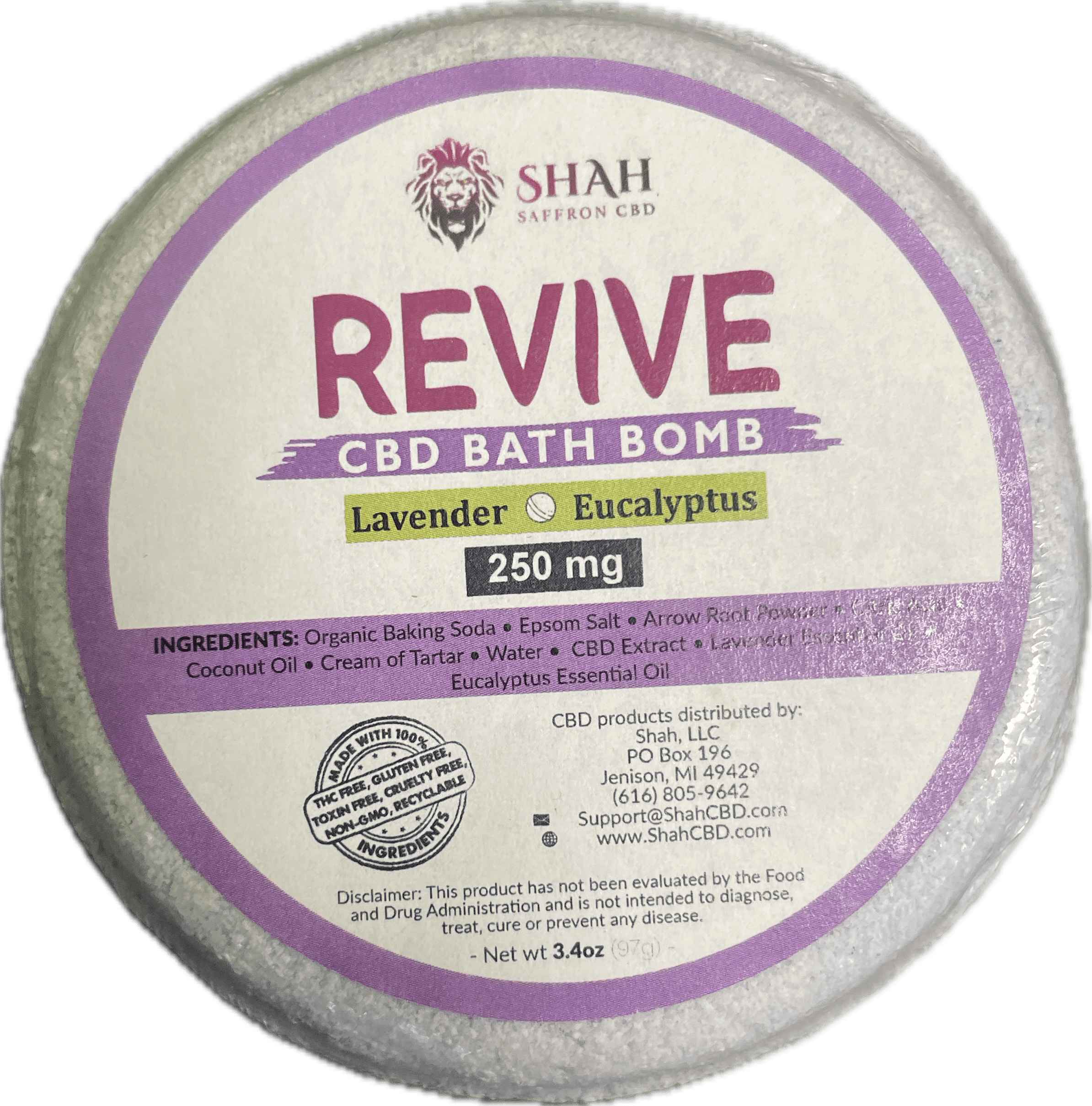 Photograph of product: Revive Lavender & Eucalyptus 175mg CBD & 75mg CBG Bath Bomb