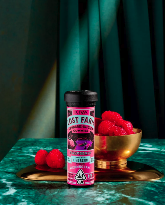 Photograph of product: Raspberry Lost Farm Live Resin THC Gummies | Wedding Cake Strain | Kiva Edibles