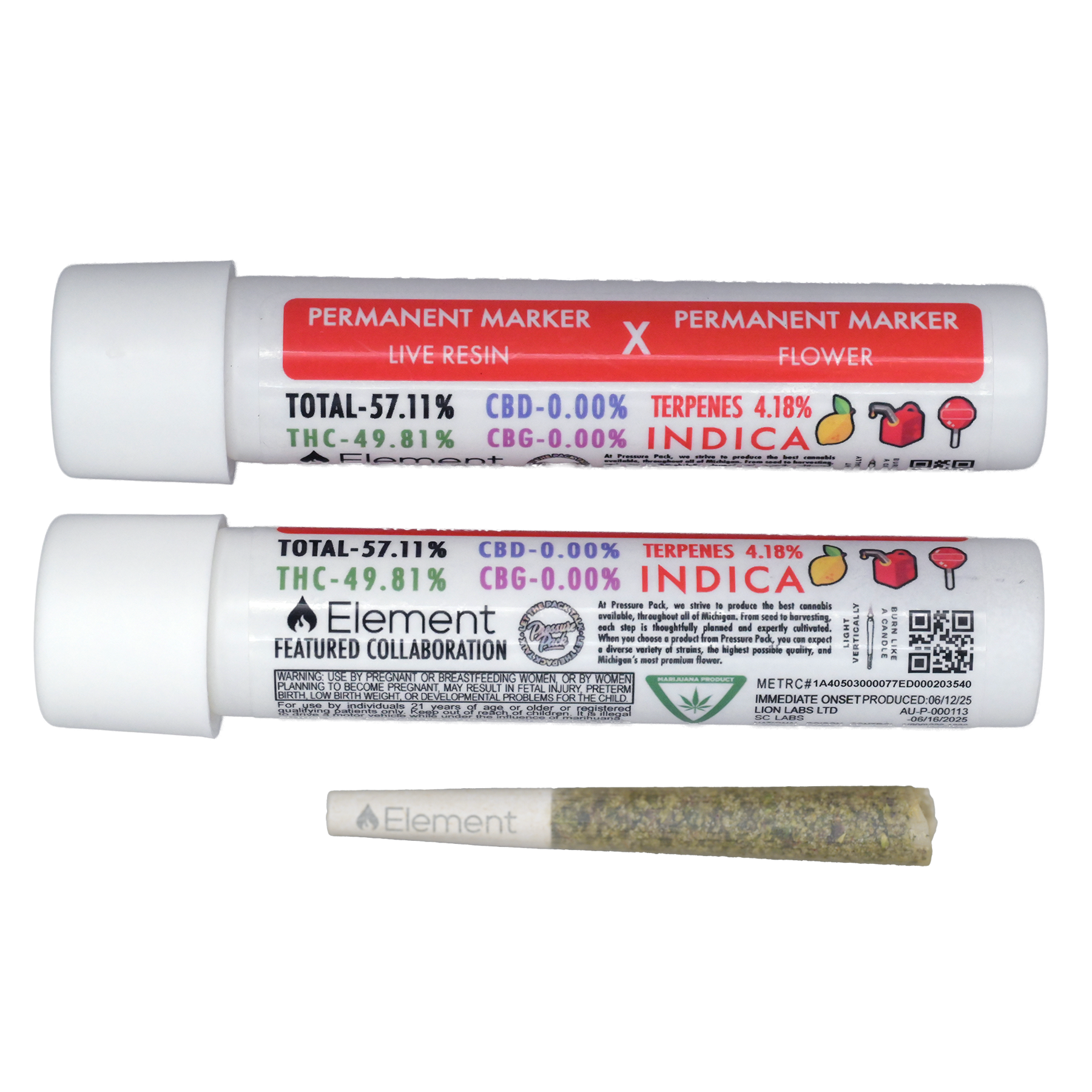 Photograph of product: Permanent Marker Live Resin Infused Pre-Roll | Element feat. Pressure Pack (3/$40)
