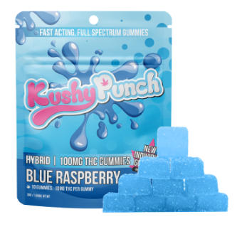 Photograph of product: Kushy Punch Blue Razz Gushers Live Resin Fast Acting Hybrid Gummies 100mg