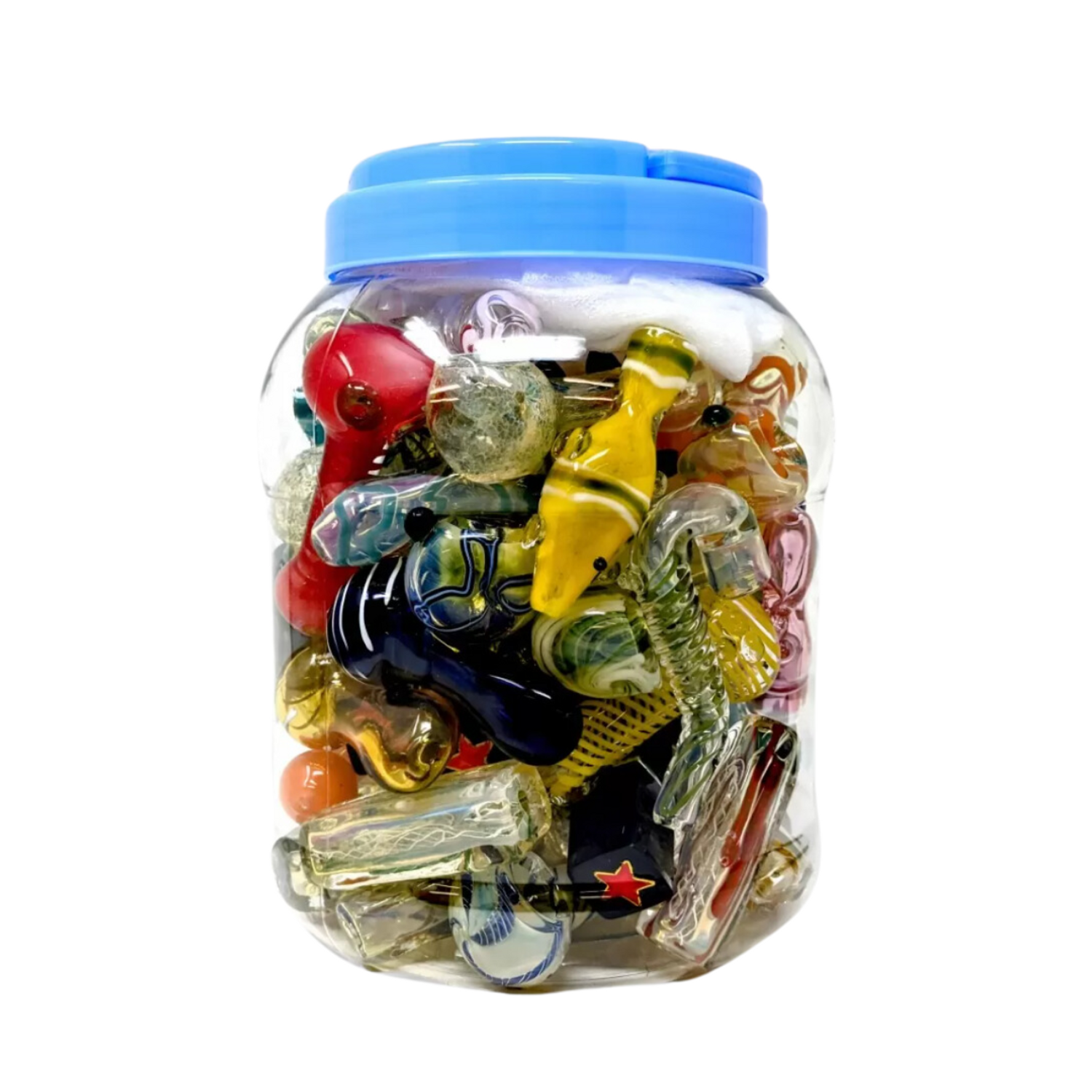 Photograph of Product: 2.5 PREMIUM GLASS MIXED HANDPIPE JAR OF 60 (JAR-61)