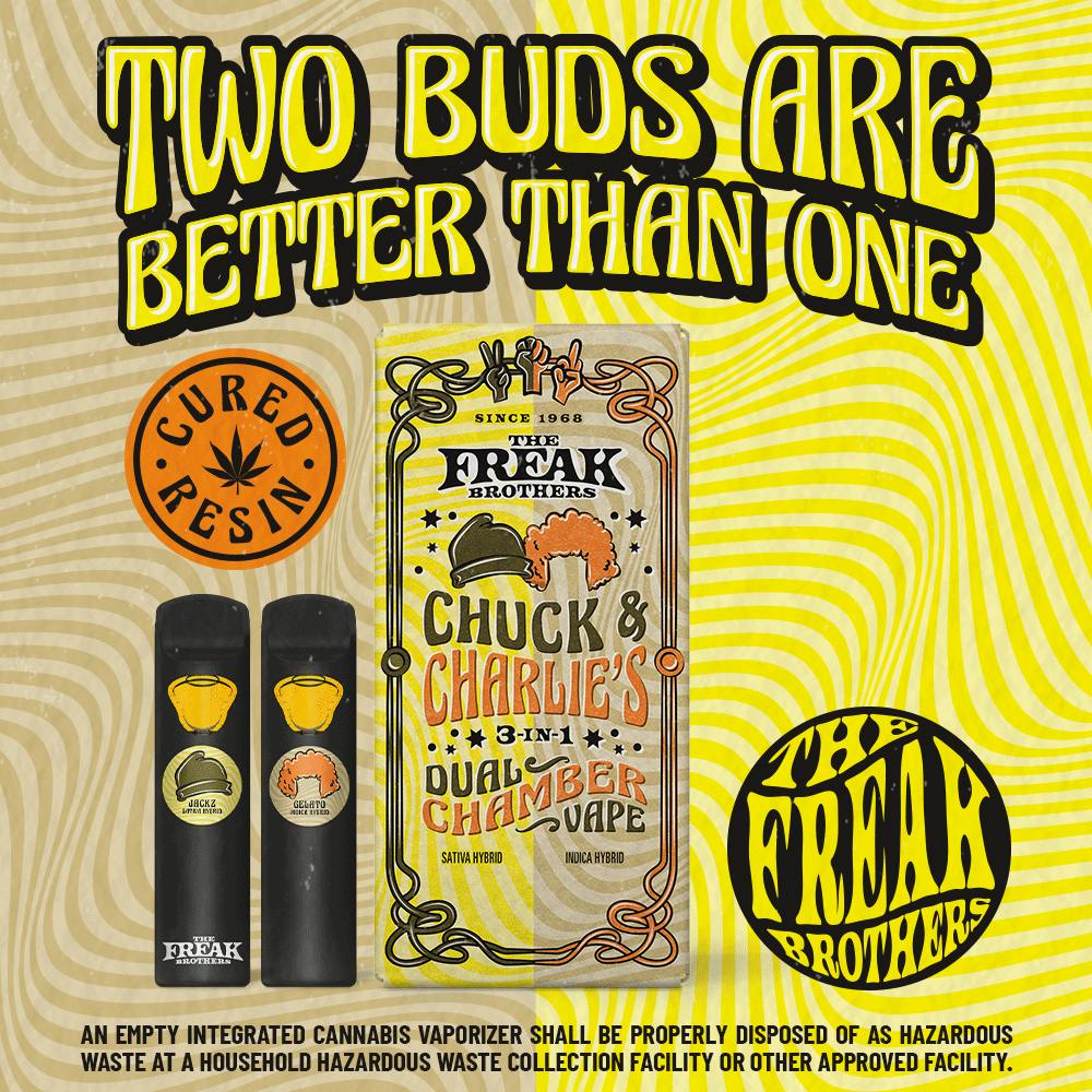 Photograph of product: THE FREAK BROTHERS | TRAINWRECK/WEDDING CAKE | 3 IN 1 DUAL CURED RESIN | AIO VAPE | 1G