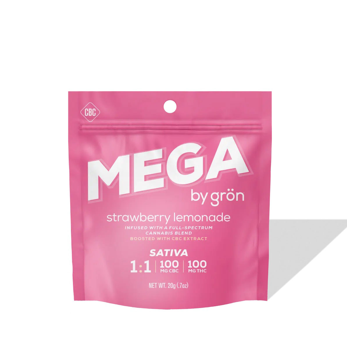 Photograph of product: Grn | Mega Pearl | Strawberry Lemonade | 1 CBC : 1 TH-oui | 100mg