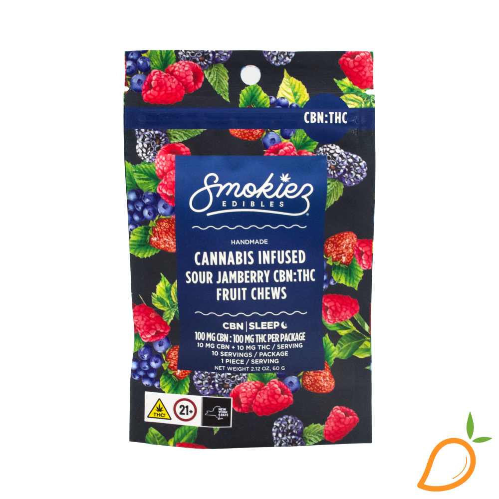 Photograph of product: 100mg Sour Jamberry 1:1 TH-oui:CBN Gummies Smokiez